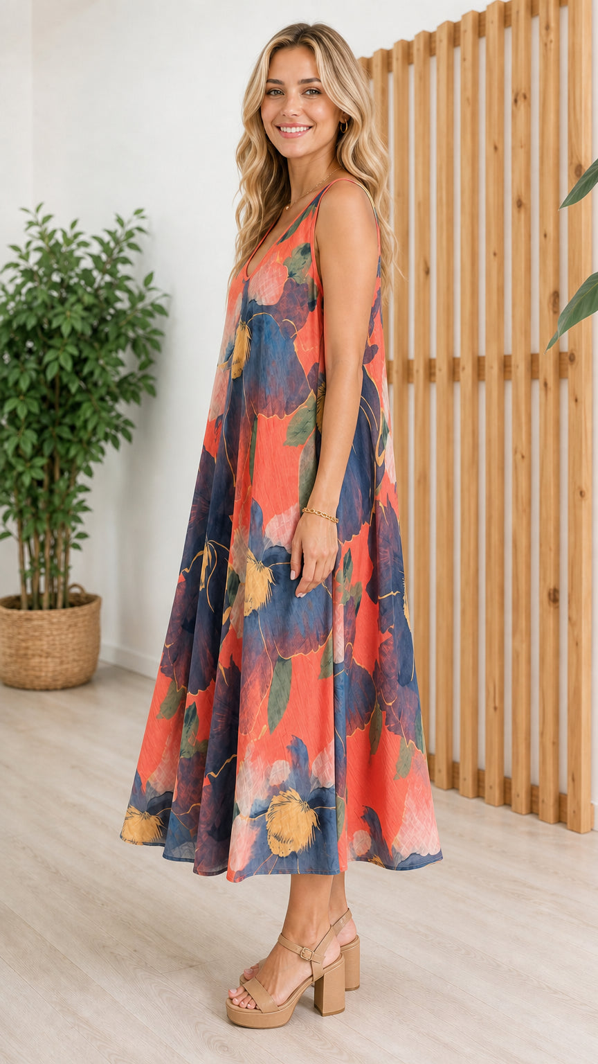 Side view of woman wearing orange floral maxi dress