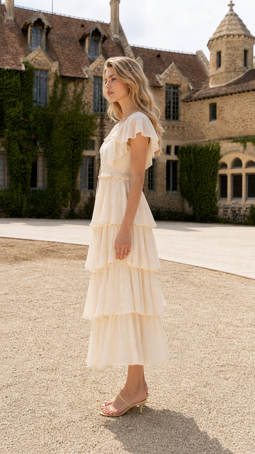 Side profile view of cream tiered midi dress