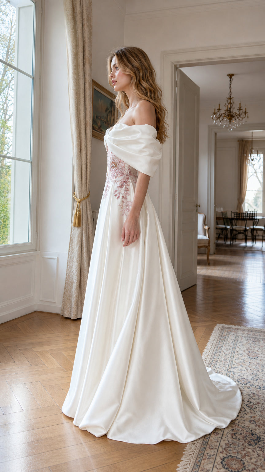 Side profile view of white satin evening dress