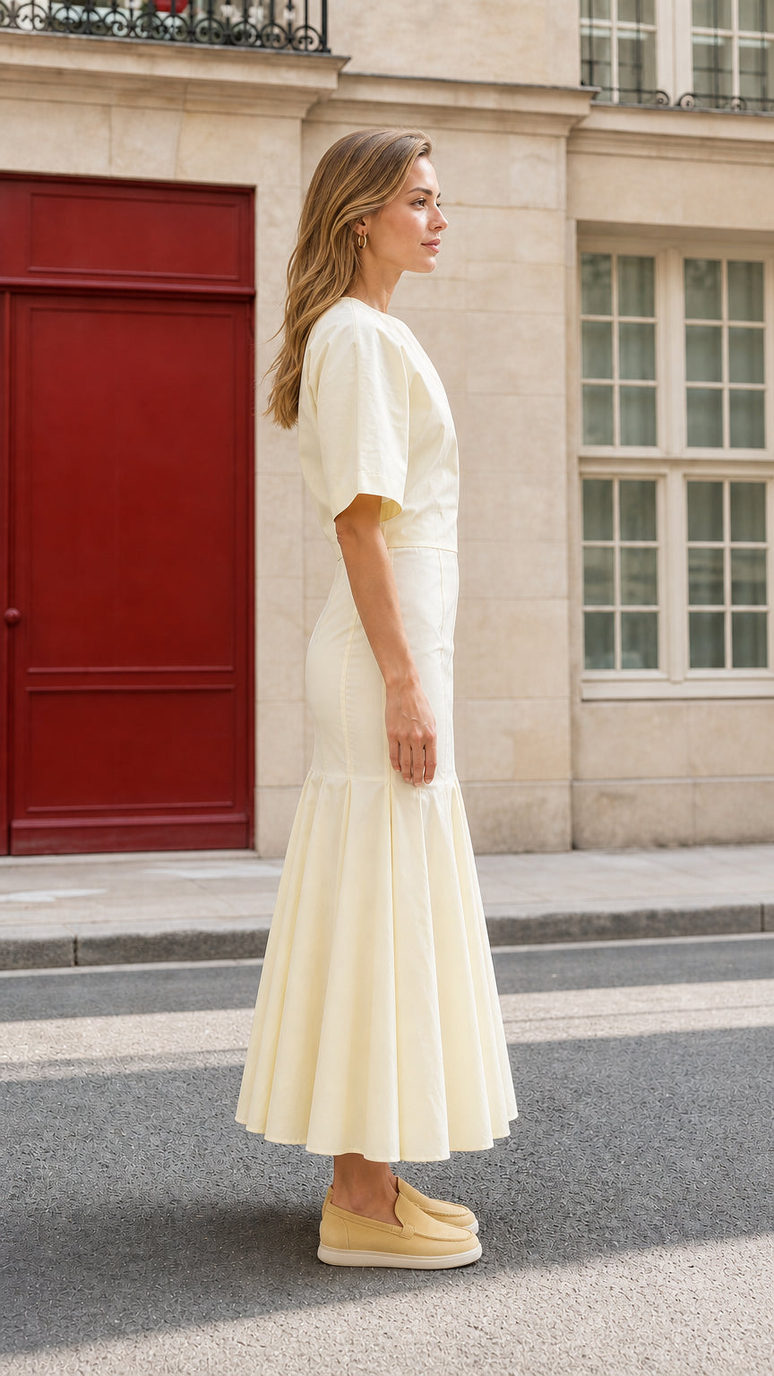 Side profile view of woman in yellow midi dress on city street