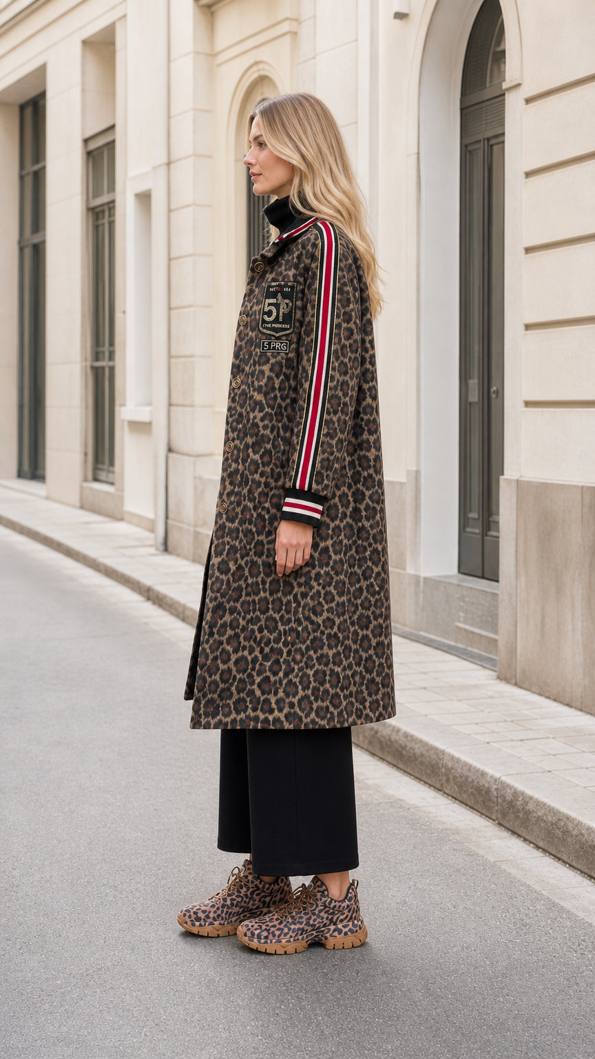 Side profile view of model in Classic Brown leopard long coat showing striped sleeve trim