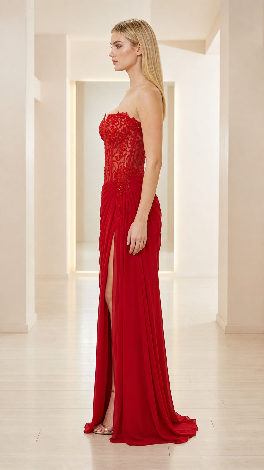 Side profile view of red formal gown showing fitted bodice and drape