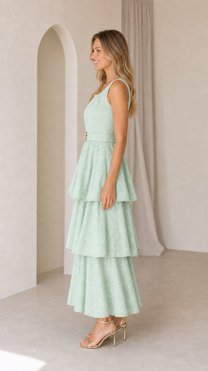 Mint green square neck tiered maxi dress side view