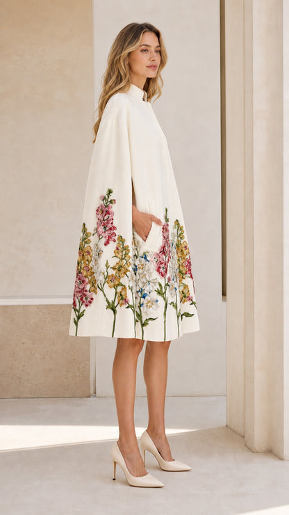 Side profile view of Ivory cape coat showing pocket and length
