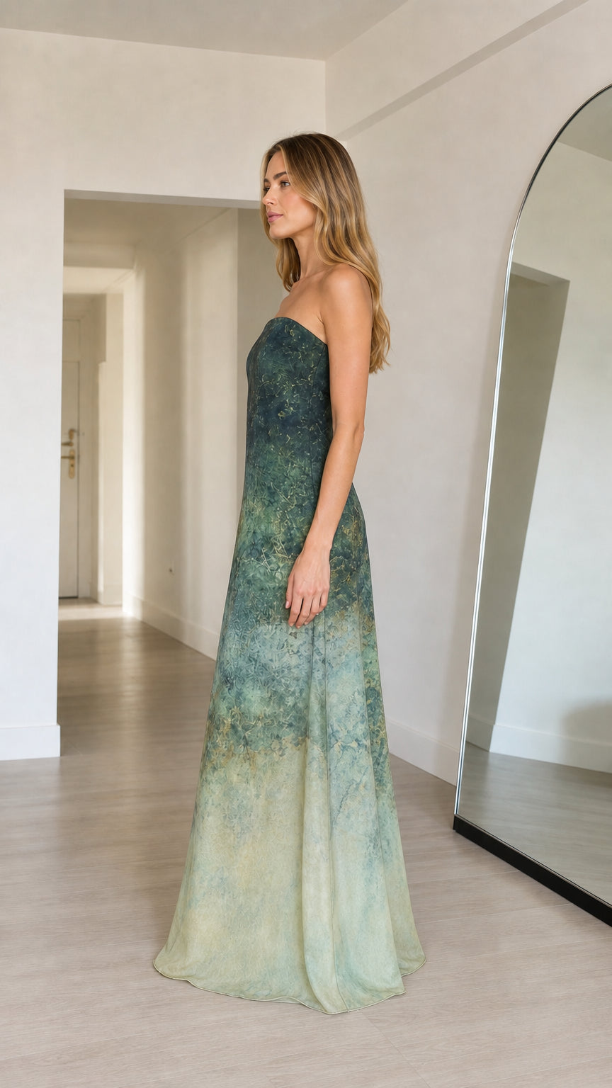 Ethereal Ombre Strapless Maxi Dress in Green side profile view