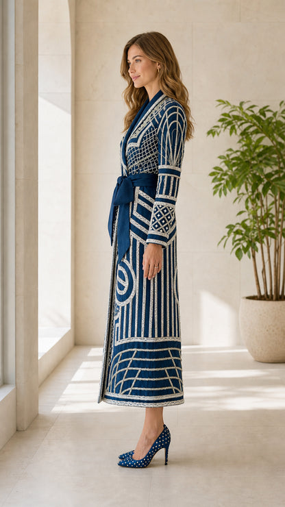 Side profile view of navy geometric embroidered long coat