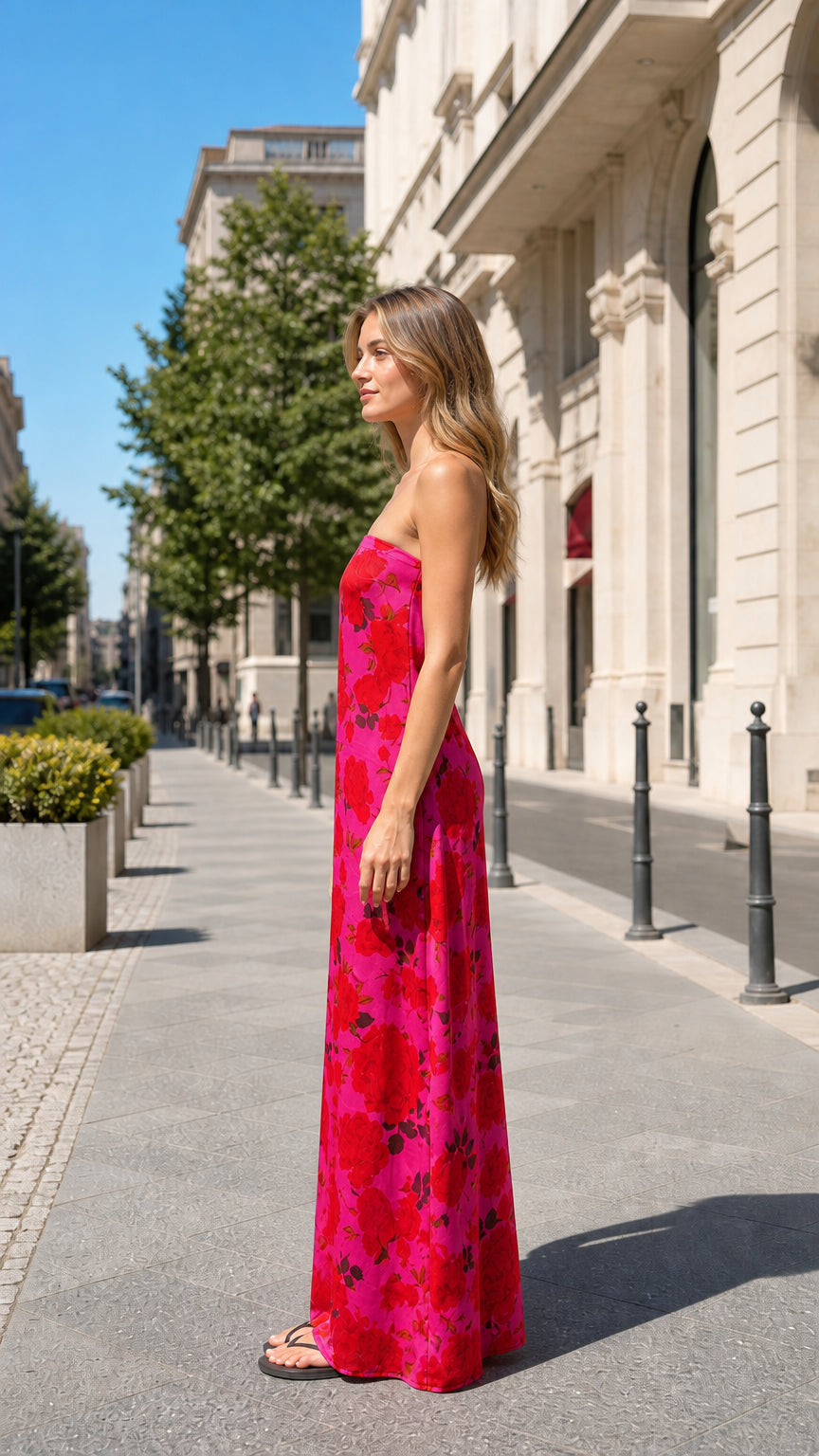 Side profile of model in fuchsia rose print maxi dress