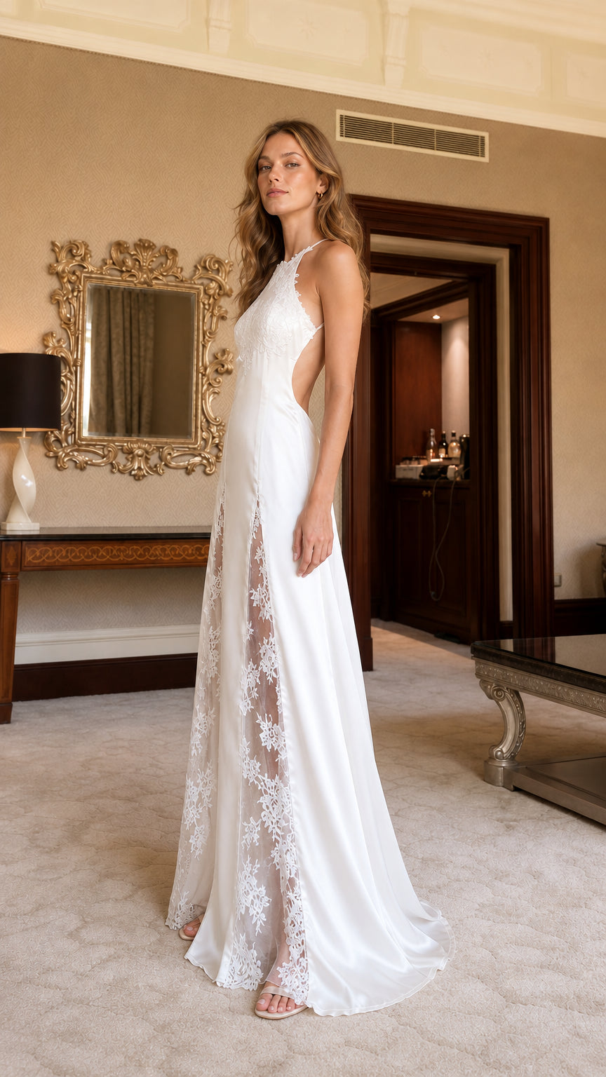 Full-length side profile of the white evening gown