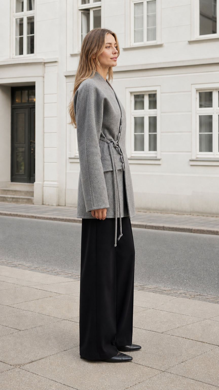 Side view showing the tie waist and structured silhouette of the heather gray wrap coat