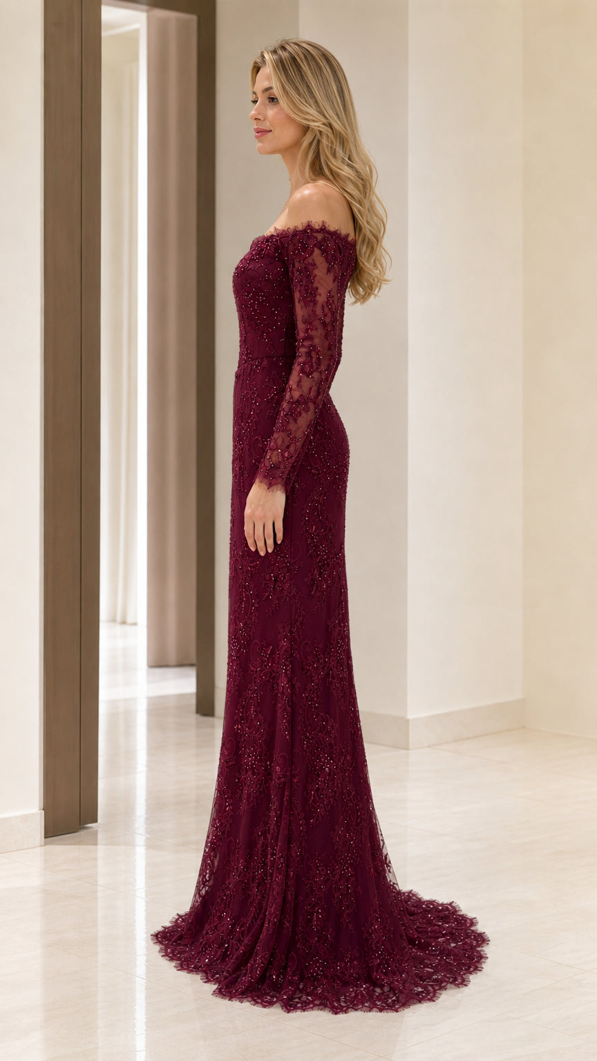 Side profile view of burgundy formal gown