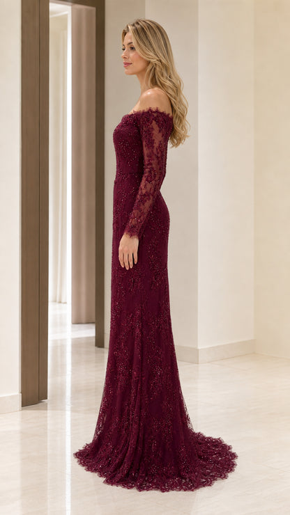 Side profile view of burgundy formal gown