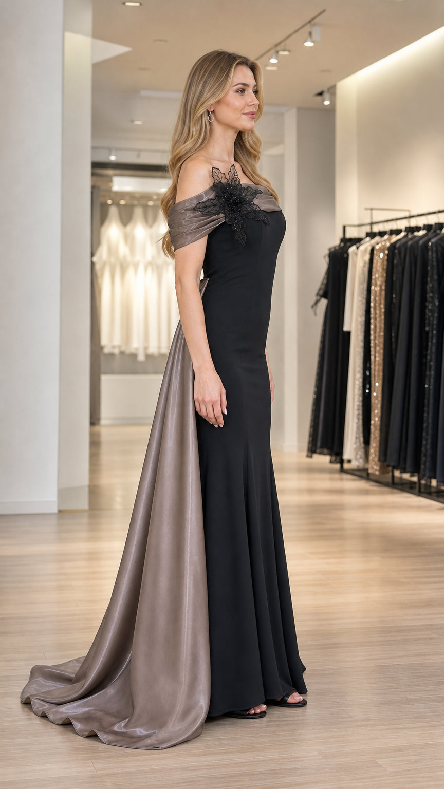 Side profile view of black evening gown in showroom