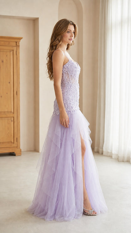 Side profile of model in lavender tiered tulle evening dress