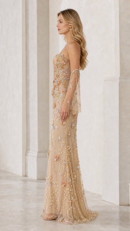 Side profile view of champagne 3D floral formal gown