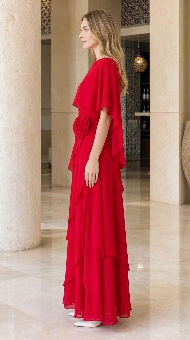 Side profile view of red formal maxi dress with cape sleeves