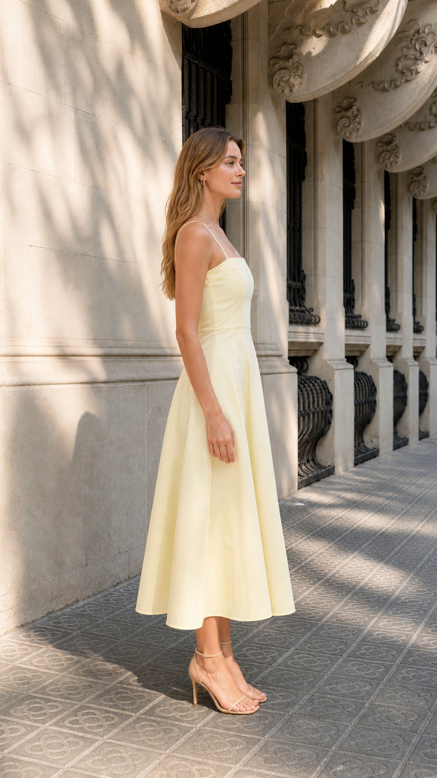 Side profile view of woman in yellow A-line midi dress