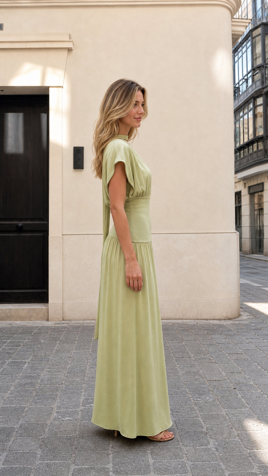 Model wearing sage green maxi dress, side profile view