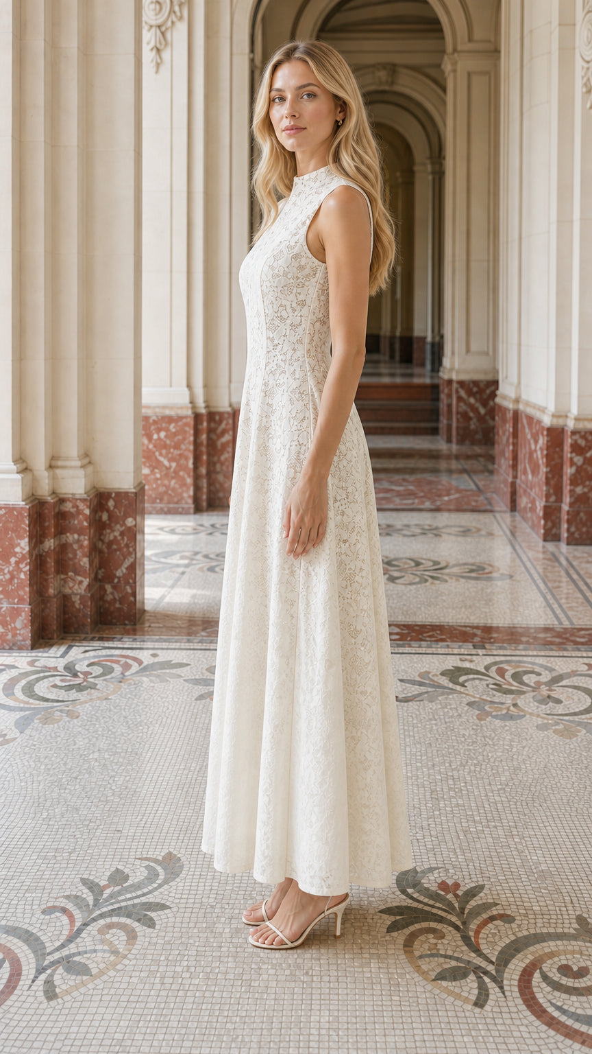 Side profile view of woman wearing white lace maxi dress