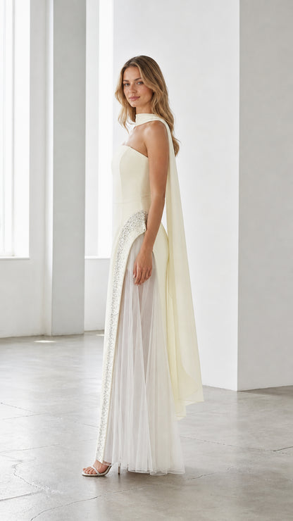 Ivory evening gown side profile showing draped scarf and tulle