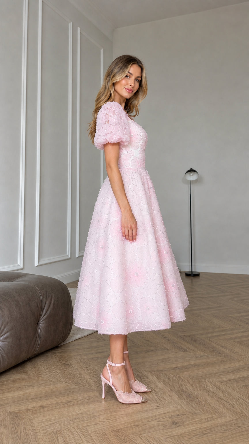Side profile view of pink midi dress