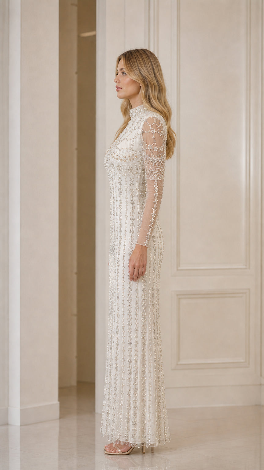Ivory long sleeve embellished maxi dress side view