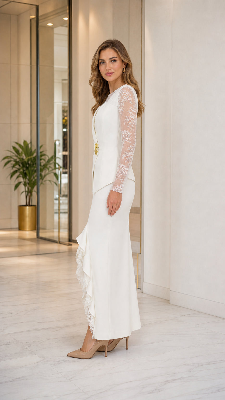 Side profile of Ivory long sleeve formal gown showing sleek tailored silhouette