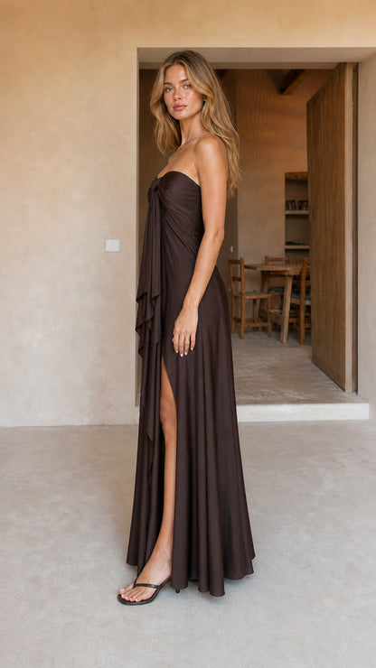 Side angle view of brown strapless evening dress