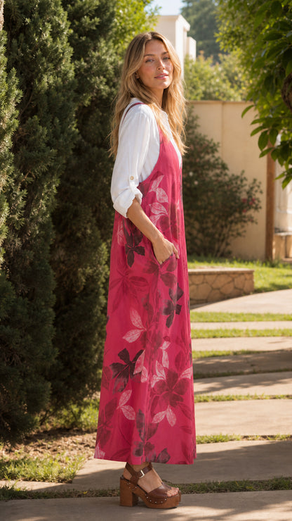 Side profile view of Fuchsia leaf print jumpsuit in outdoor setting