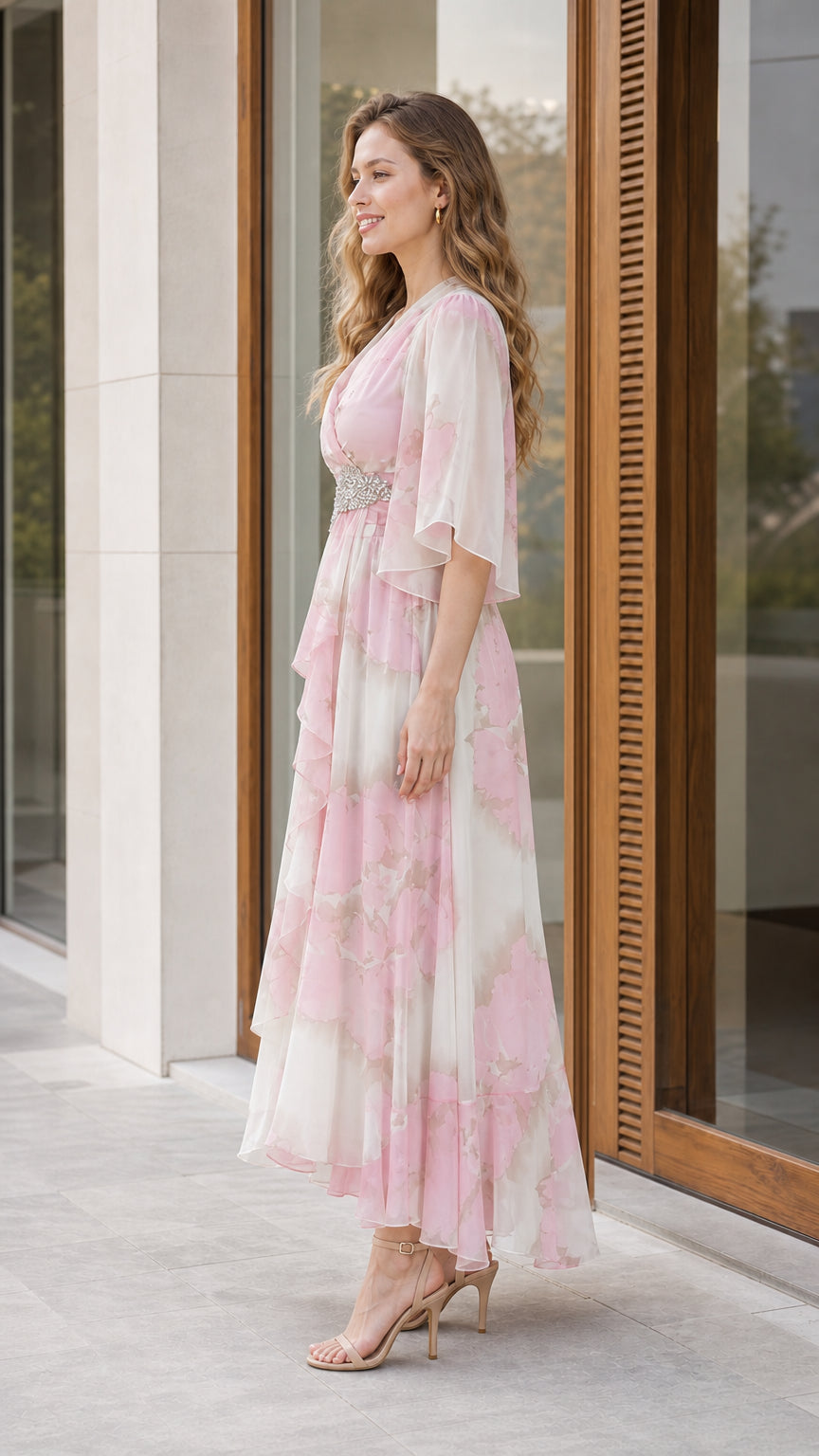 Side profile view of woman modeling blush pink floral chiffon midi dress