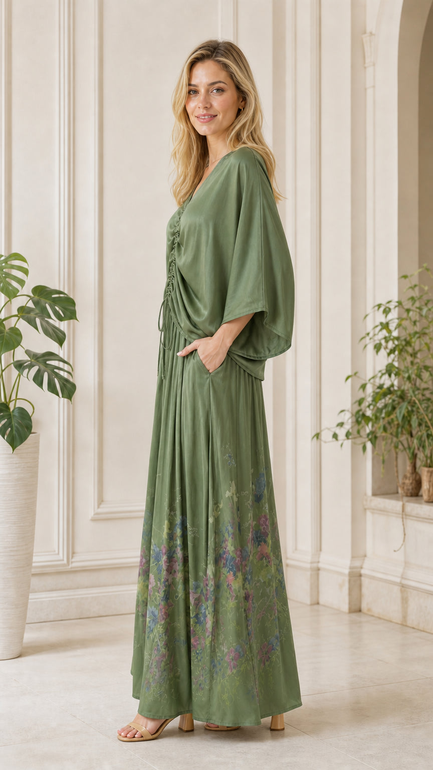 Side profile view of olive green maxi dress with pockets