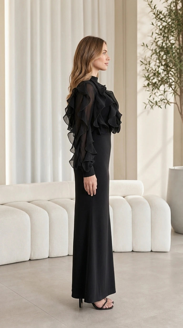 Side profile view of black evening gown