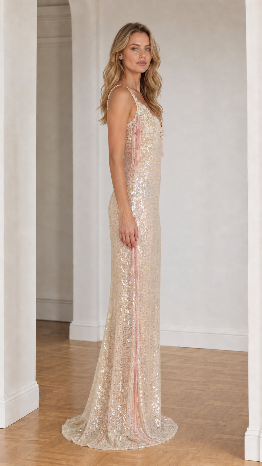 Side profile view of champagne sequin gown