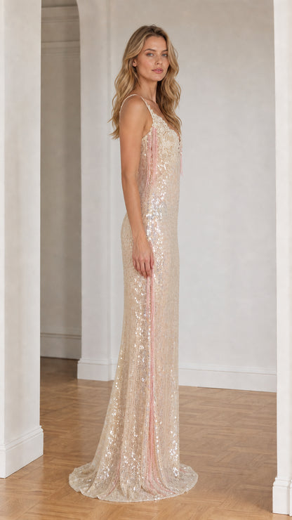 Side profile view of champagne sequin gown