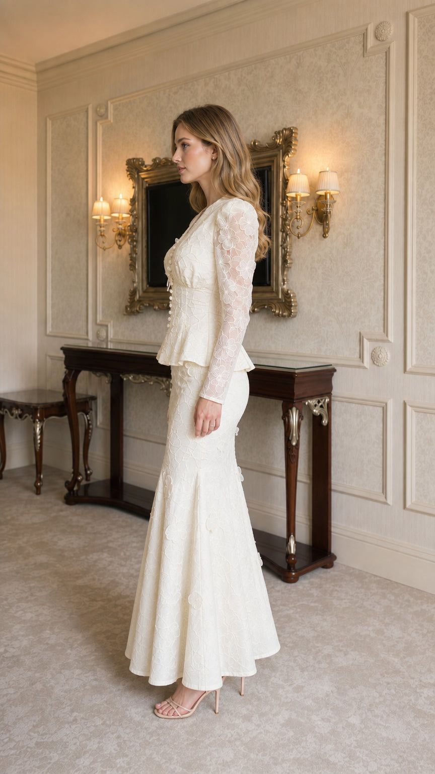 Model wearing ivory lace two-piece set, side profile view