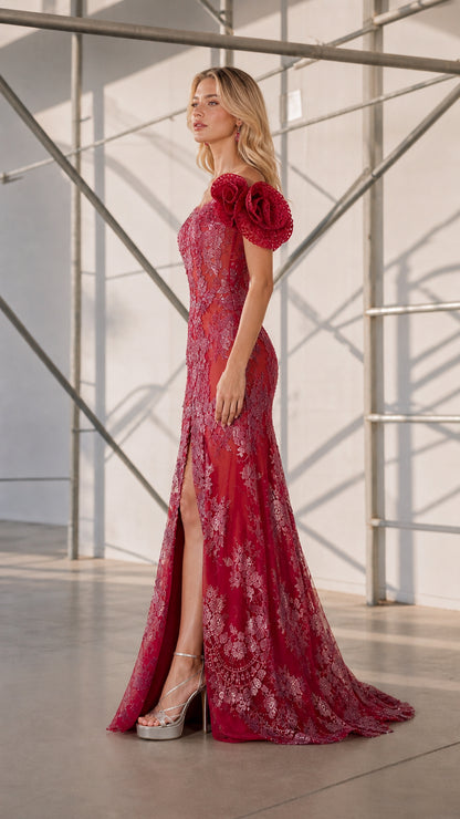 Side view of red formal evening gown showing silhouette