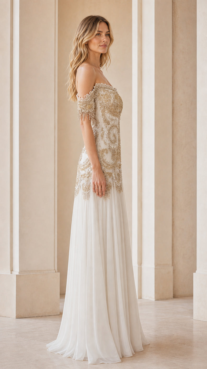 Side profile of ivory beaded evening gown