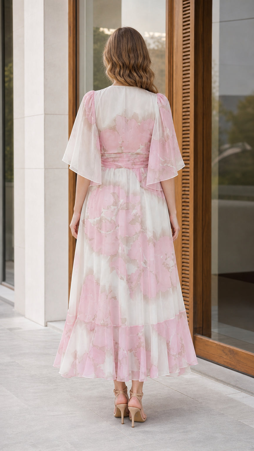 Back view of woman wearing blush pink floral chiffon midi dress