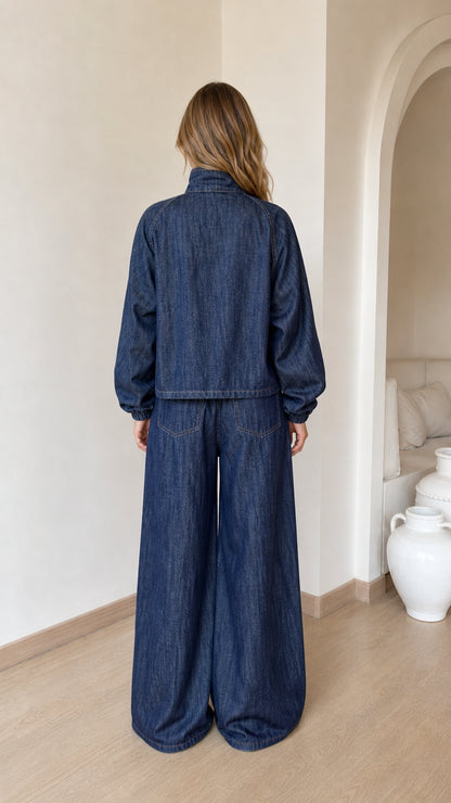 Back view of dark denim set