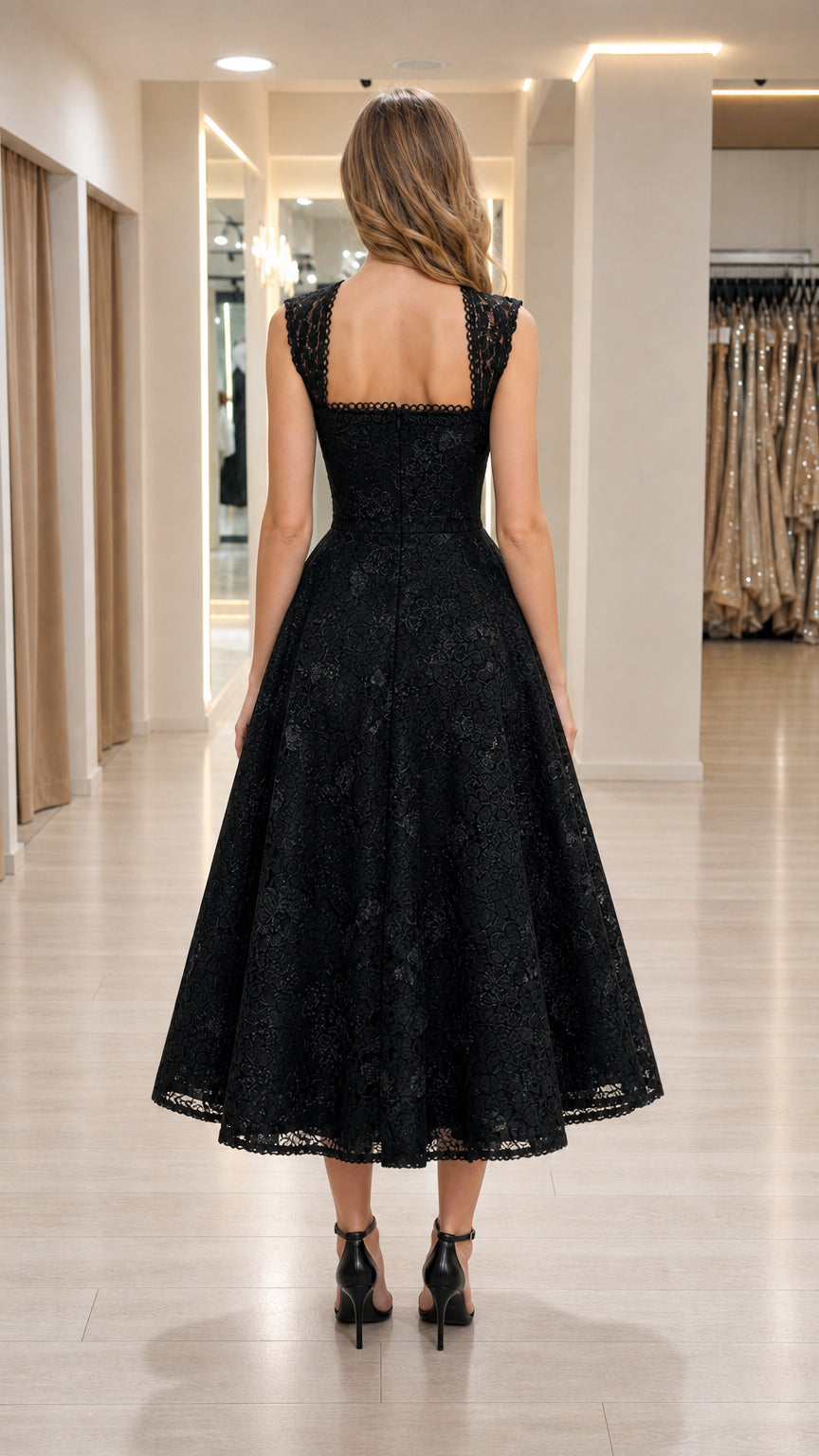 Back view of woman showcasing square neckline on black lace dress