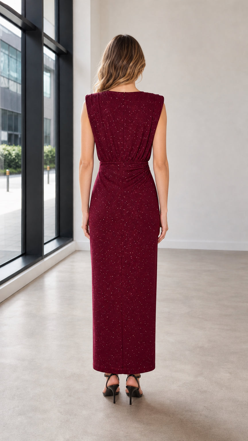 Back view of model wearing the Wine Red shimmer boat neck column evening dress