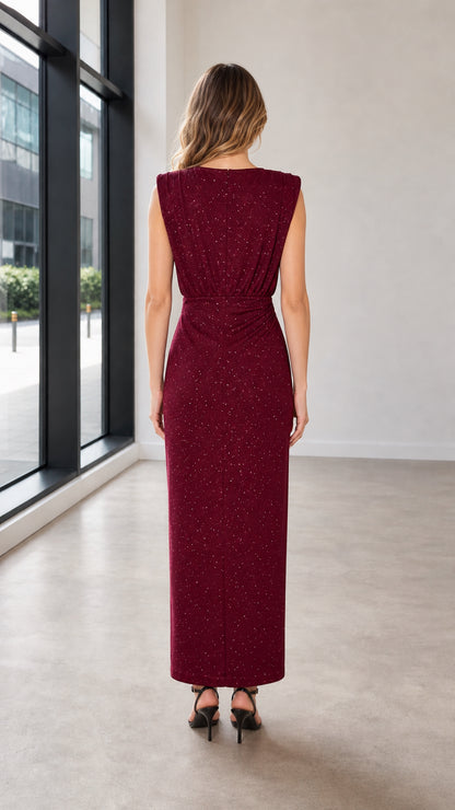 Back view of model wearing the Wine Red shimmer boat neck column evening dress