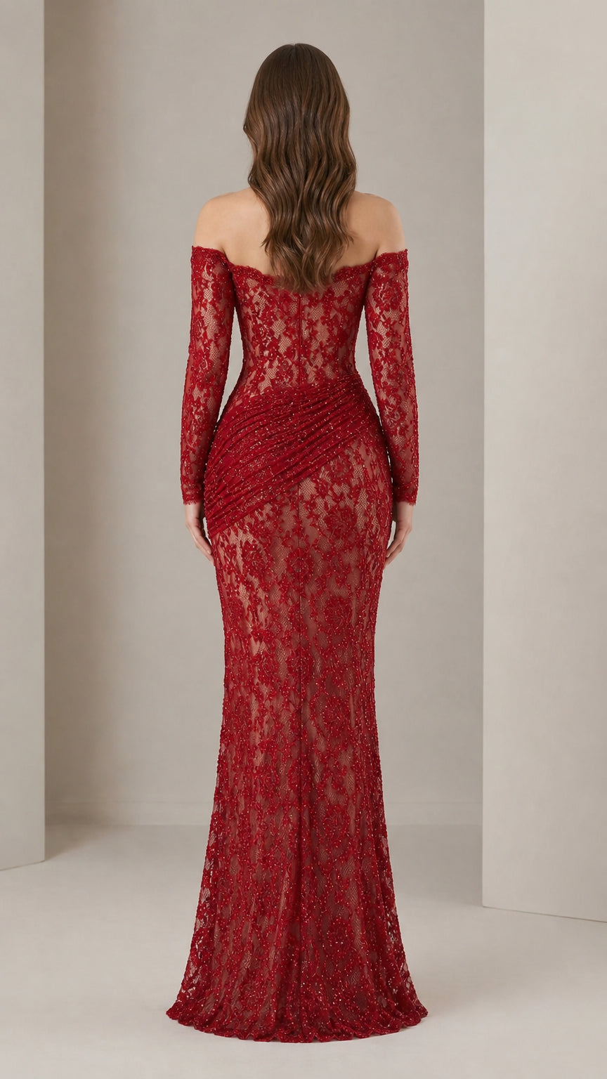 Off-Shoulder Long Sleeve Lace Evening Gown in Red back view