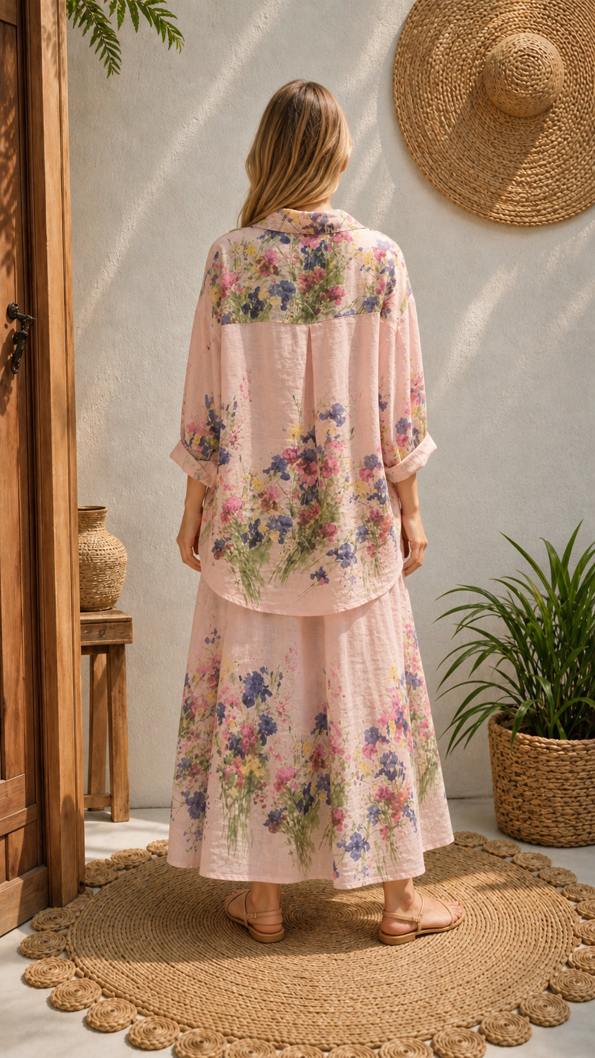 Back view of woman wearing pink floral button-down shirt and maxi skirt set