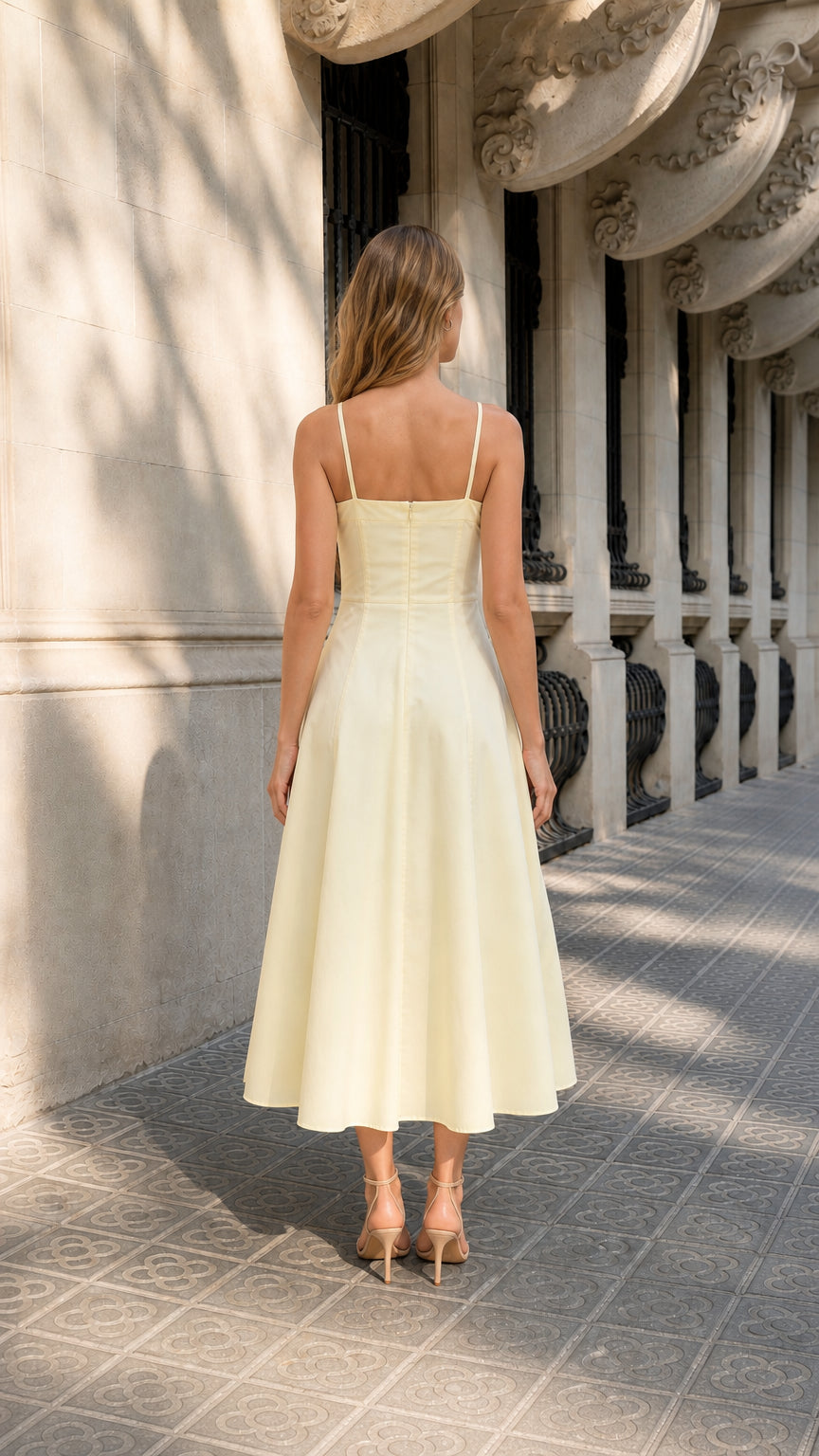 Back view of woman wearing yellow spaghetti strap midi dress