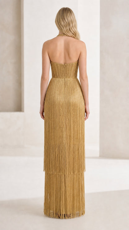 Back view of gold fringe evening dress