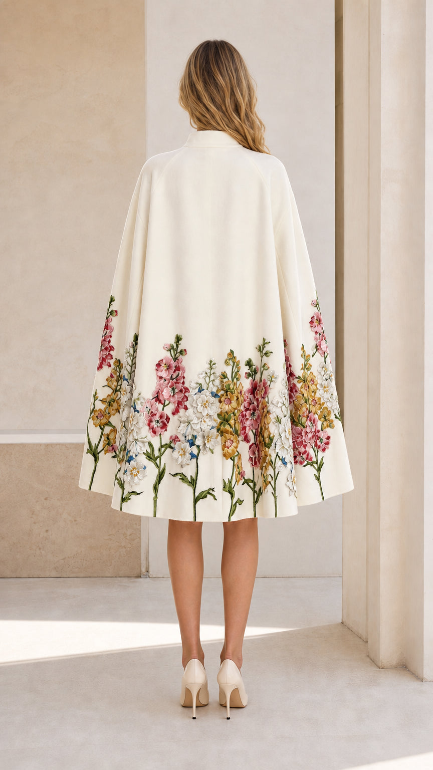 Back view of Ivory floral embroidered cape coat