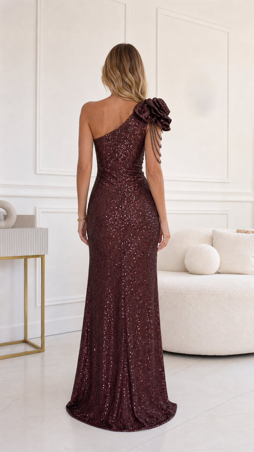 Back view of burgundy sequin maxi dress