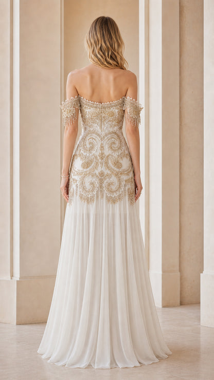 Back view of ivory formal evening gown