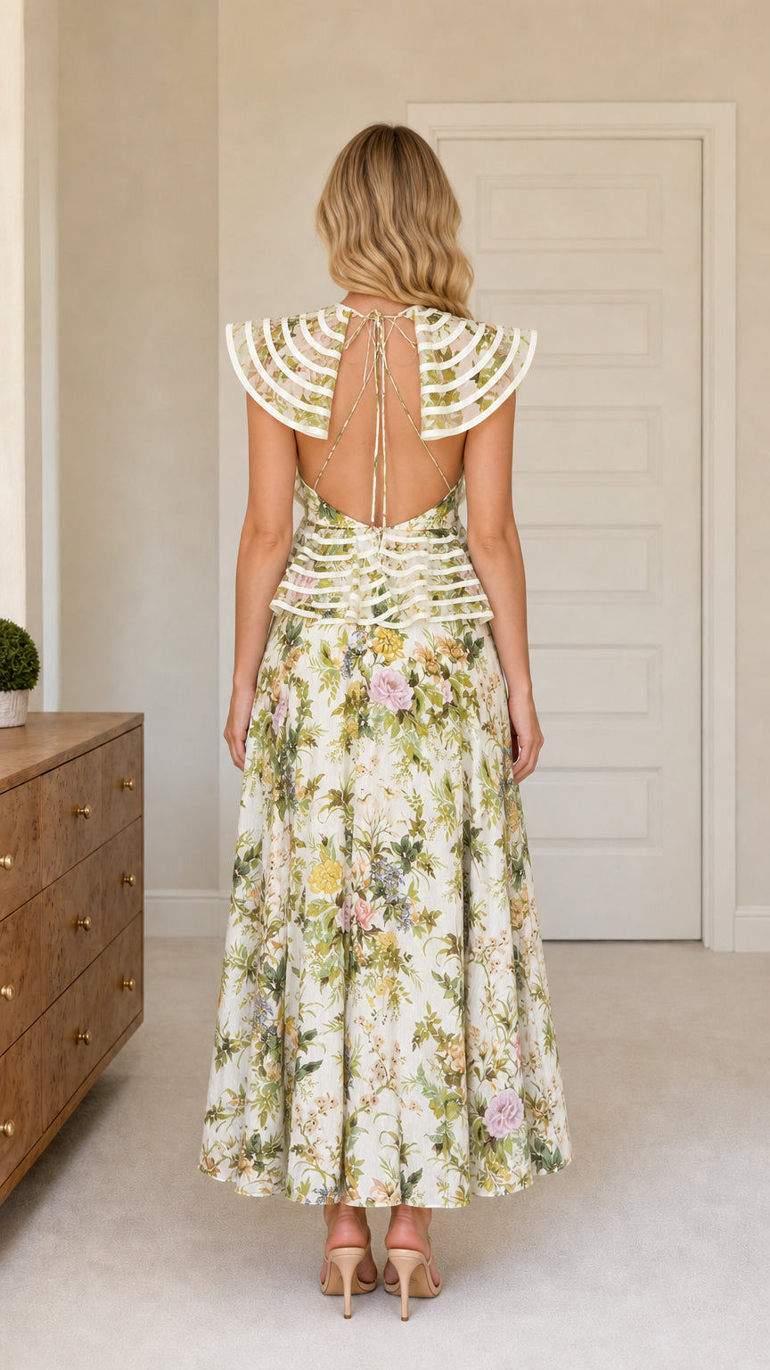 Back view showcasing open back and tie closure on white floral dress