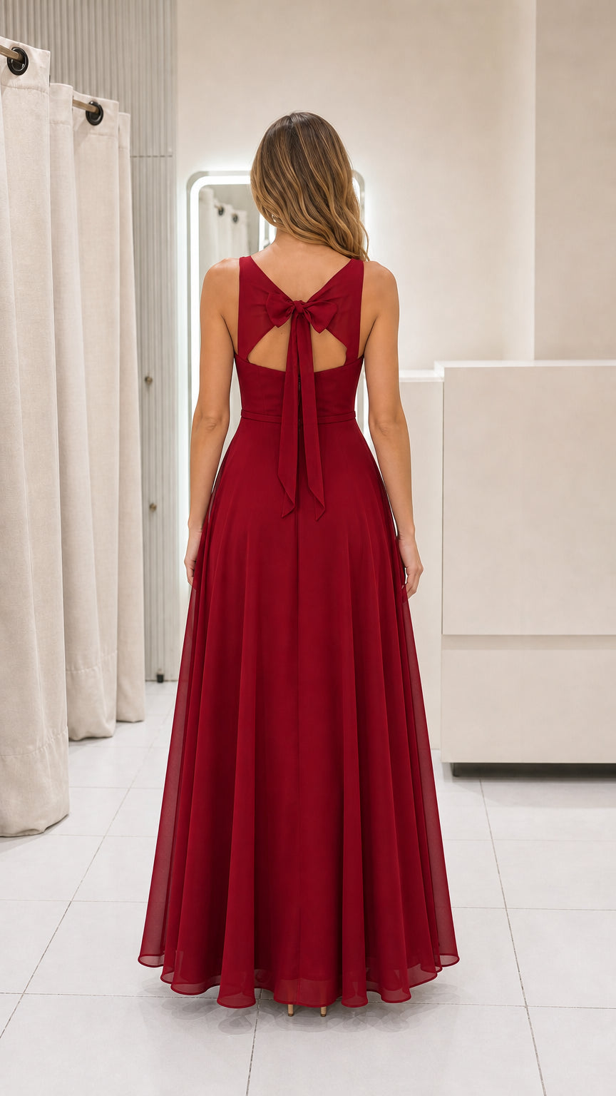 Model wearing burgundy chiffon maxi dress back view showing bow